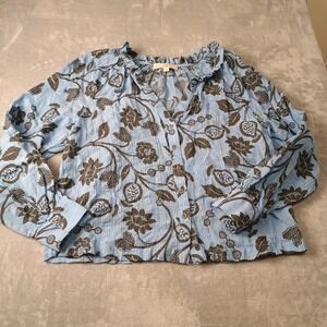 LOFT Blouse Womens Medium Blue Floral Button Front Ruffle Boho Long Sleeve Top